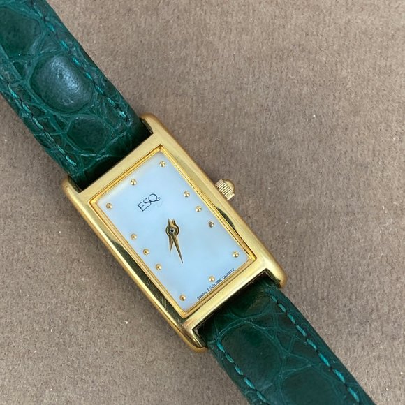 Vintage Gold Movado Esquire Small Swiss Tank Watch Green Strap - Picture 3 of 6